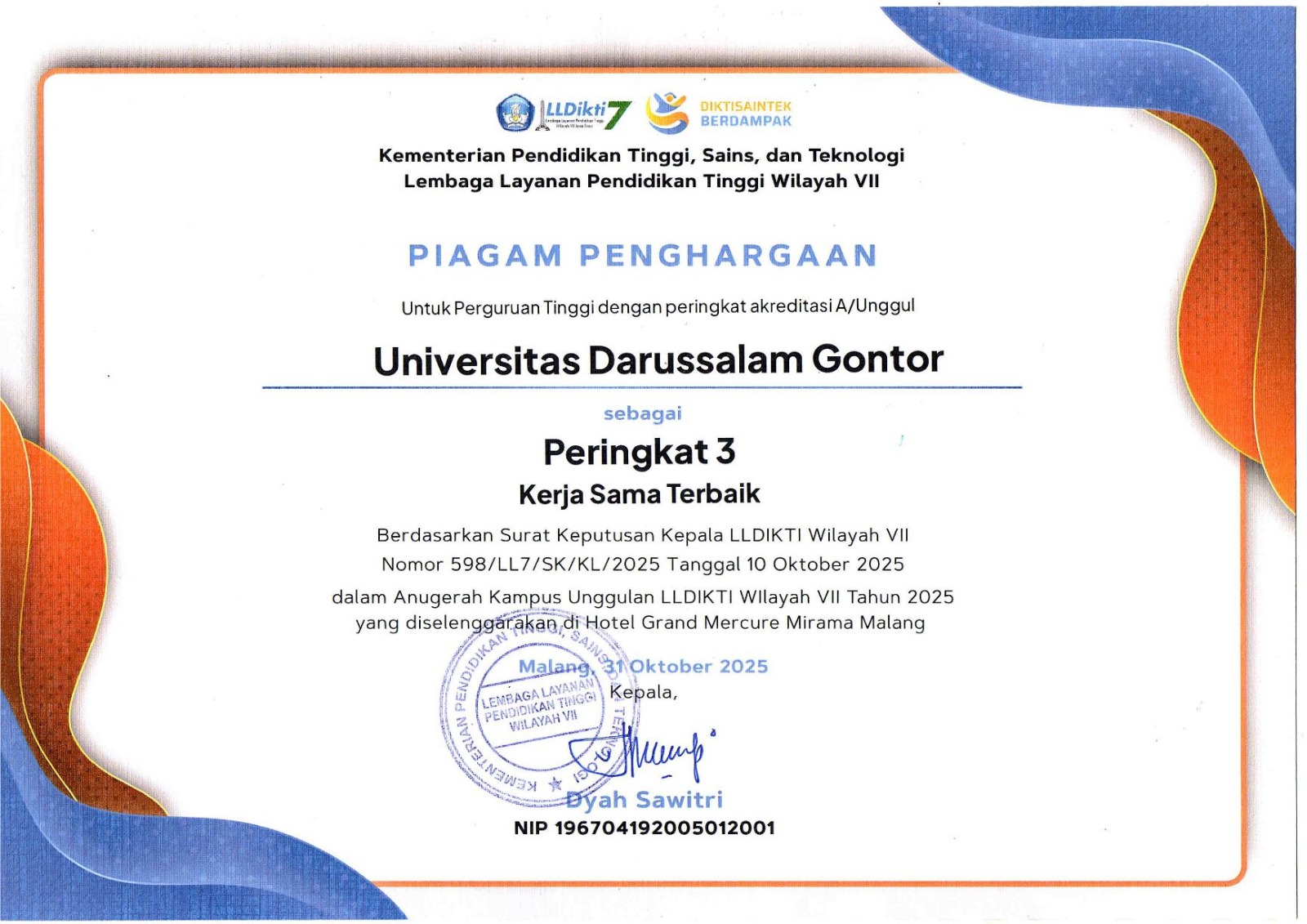 UNIDA Gontor Raih Peringkat Tiga Kerja Sama Terbaik